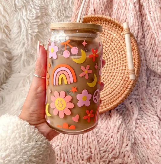 🇬🇧Drinking Glass With Lid&Straw - Boho Flowers