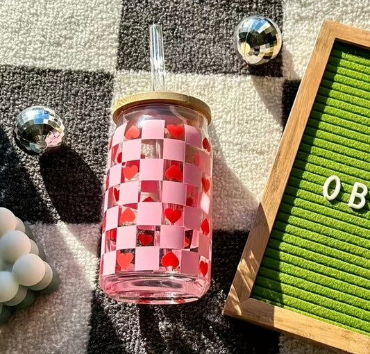 🇬🇧Drinking Glass With Lid&Straw - Plaid Heart