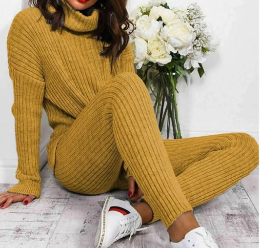 🇬🇧Chunky Knit Roll Neck Loungewear - Mustard