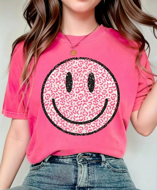 🇬🇧Animal Print Glitter Smiley Tshirt - Pink