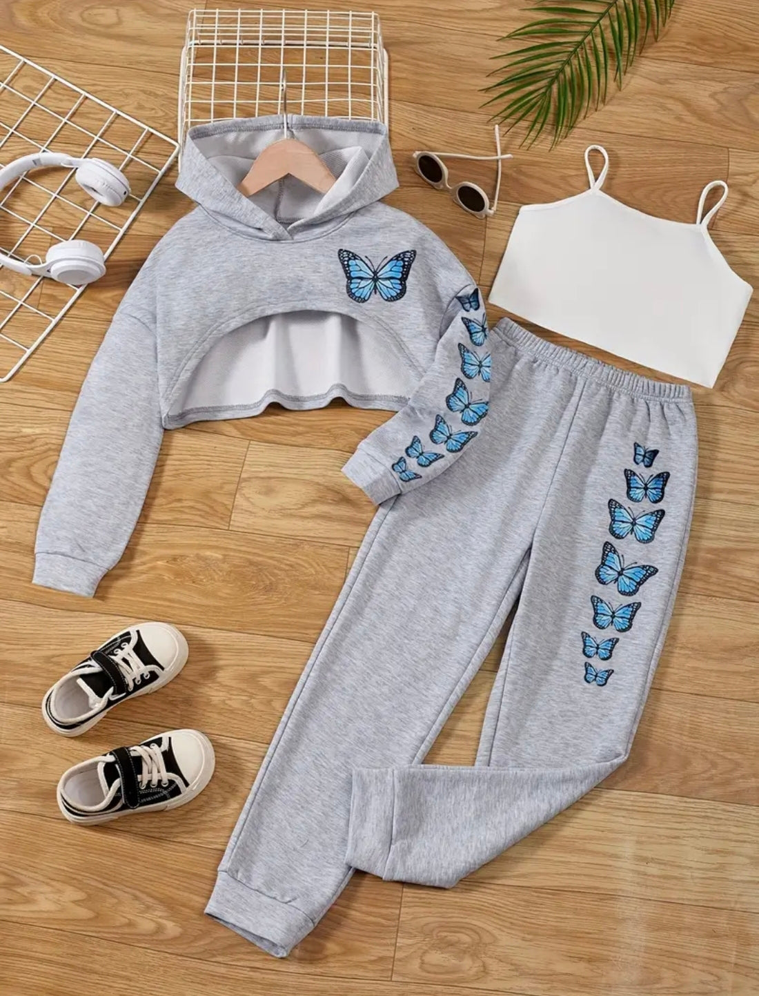 🇬🇧3Pc Grey Blue Butterfly Tracksuit