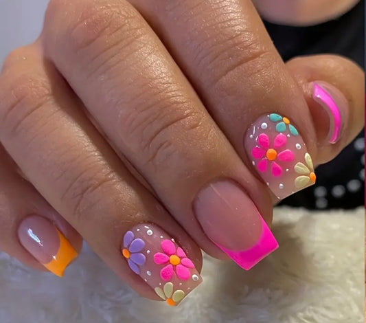 🇬🇧24PC Press On Acrylic Nails - Neon Rainbow Daisies