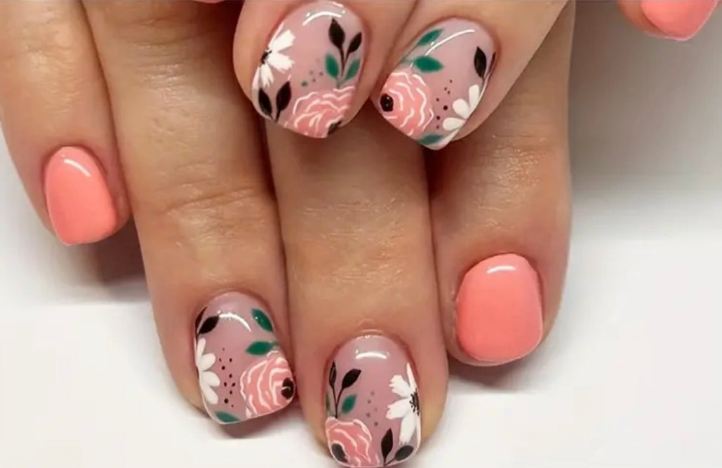 🇬🇧24PC Press On Acrylic Nails - Peach Floral