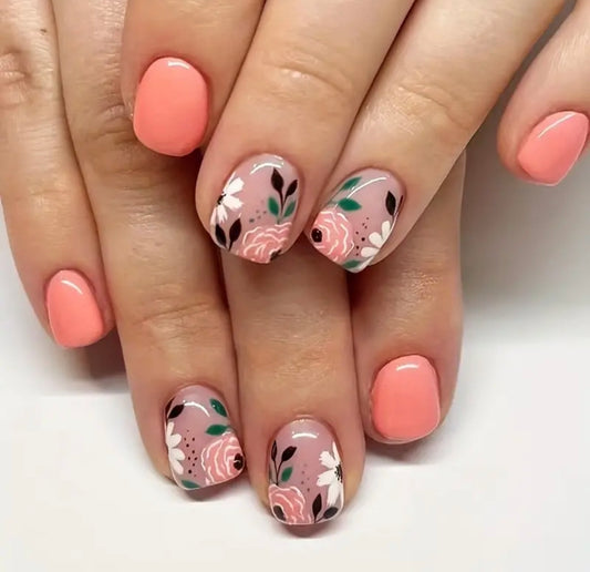 🇬🇧24PC Press On Acrylic Nails - Peach Floral