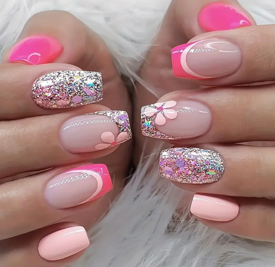 🇬🇧24PC Press On Acrylic Nails - Glitter Pink Line Rose