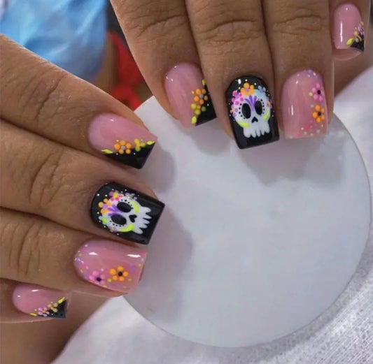 🇬🇧24PC Press On Acrylic Nails - Neon Skull Halloween