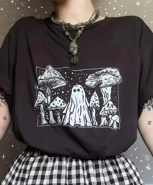 🇬🇧Mushroom Ghost Print Crew Neck Tshirt