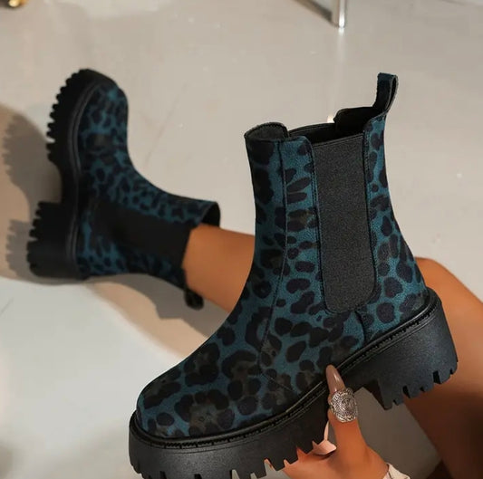 🇬🇧Leopard Print Boots Chunky Sole - Blue