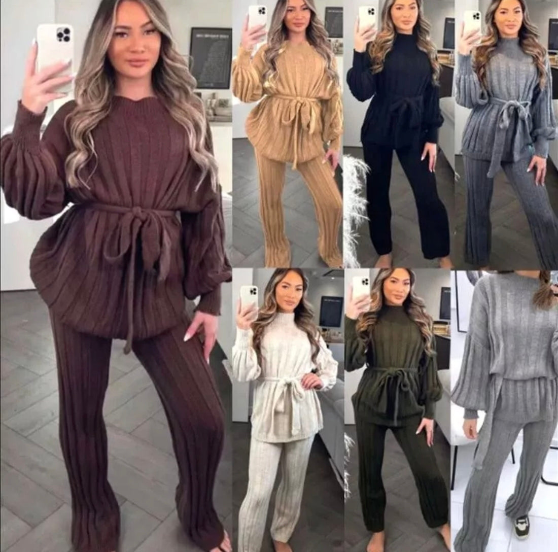 🇬🇧Knitted High Neck Ribbed Tie Loungewear Co Ord Set - 7 Colours