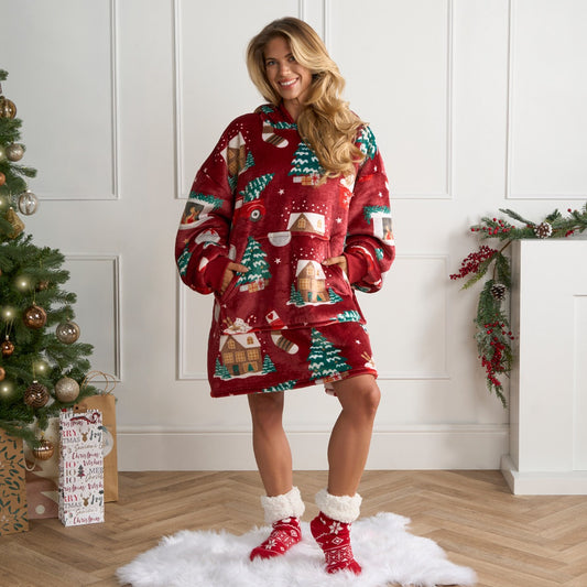 🇬🇧Christmas Print Hoodie Blanket - Burgundy