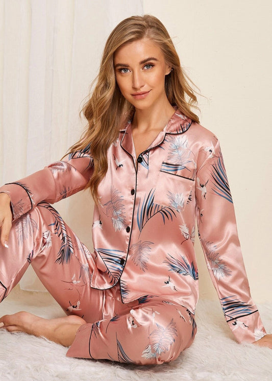 🇬🇧Leaf Print Satin PJ Set - Rose Pink