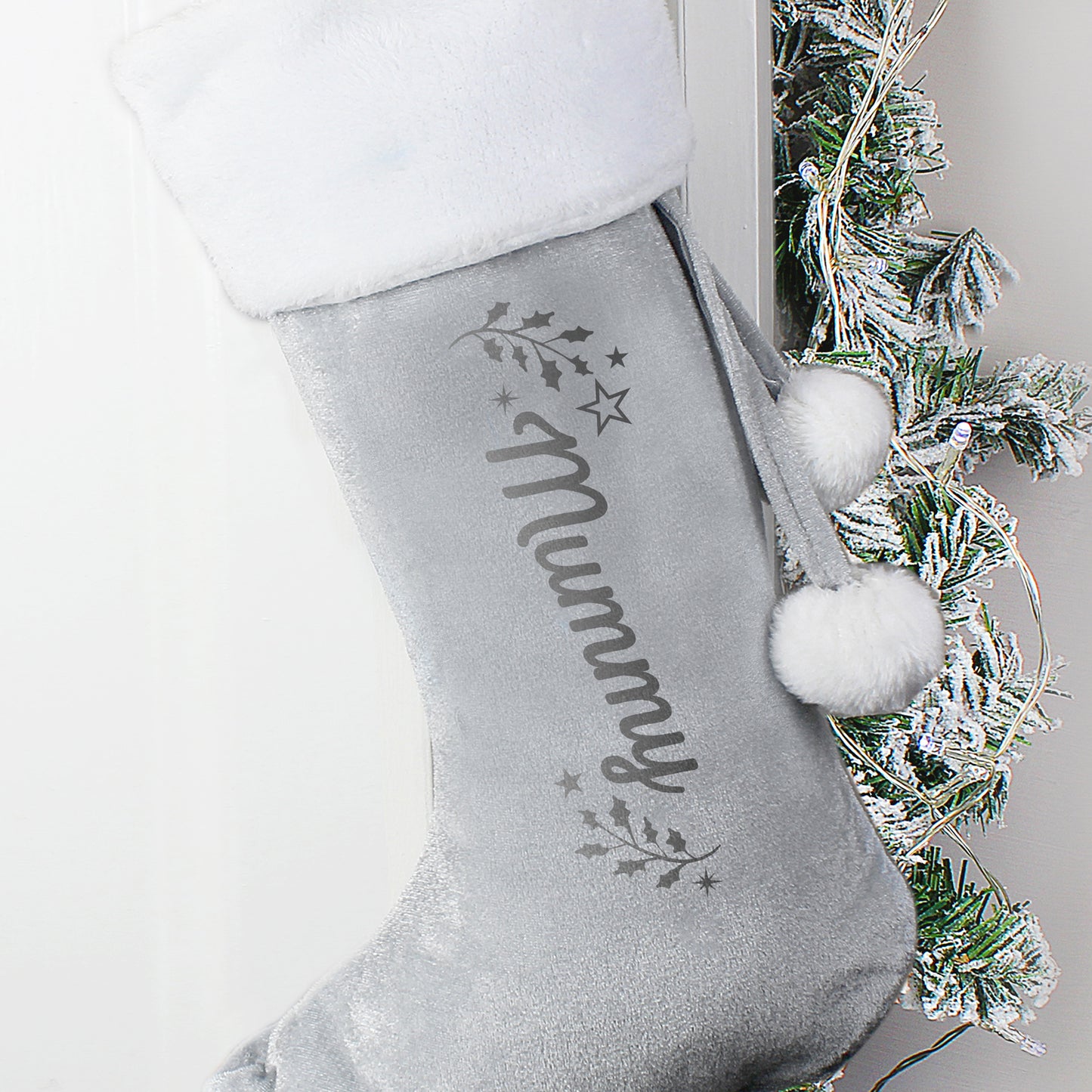 🇬🇧Personalised Holly Grey Christmas Stocking