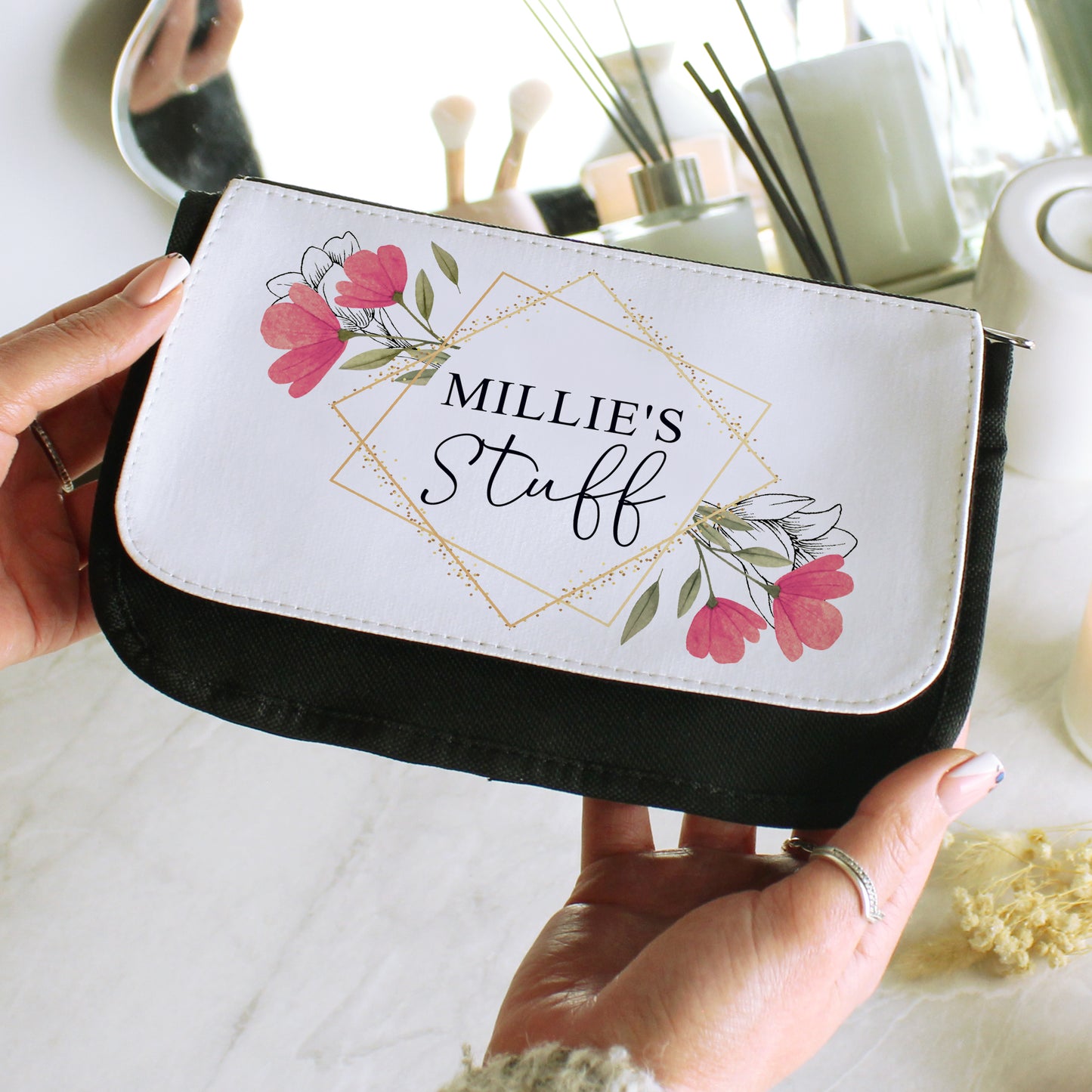 🇬🇧Personalised Pink Floral Make Up Bag