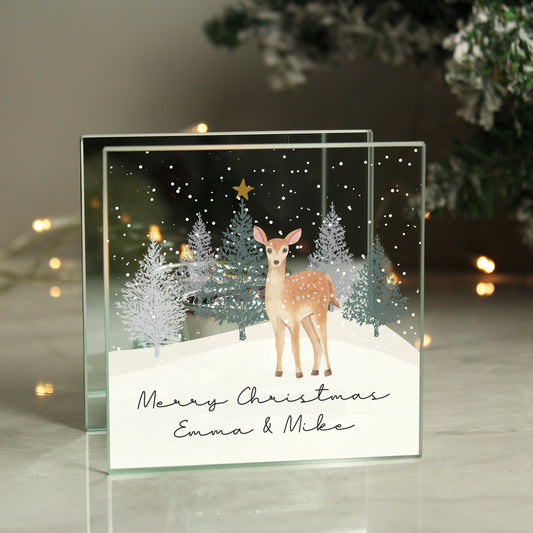 🇬🇧Personalised Christmas Deer Glass Tea Light Candle Holder