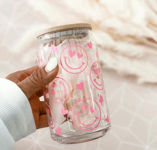 🇬🇧Drinking Glass With Lid&Straw - Smiley Face