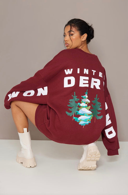 🇬🇧PLT Oversized Winter Wonderland Burgundy Christmas Jumper Dress