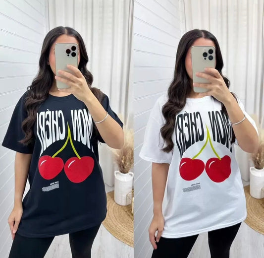 🇬🇧Mon Cheri Cherry Slogan T-shirt Oversized - 2 Colours