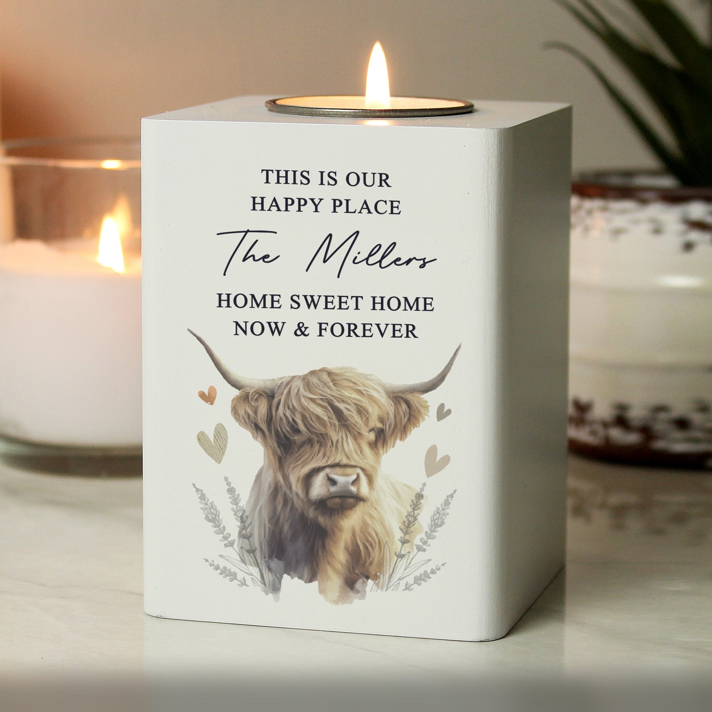 🇬🇧Personalised Highland Cow Wooden Tealight Holder