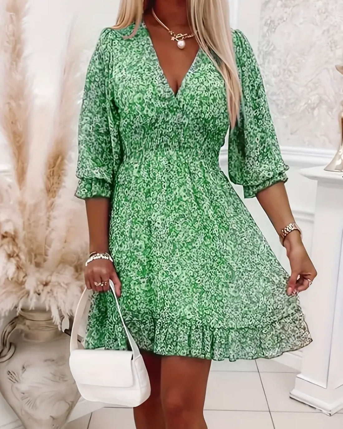 🇬🇧Frill Floral Dress V Neck Floaty - Green