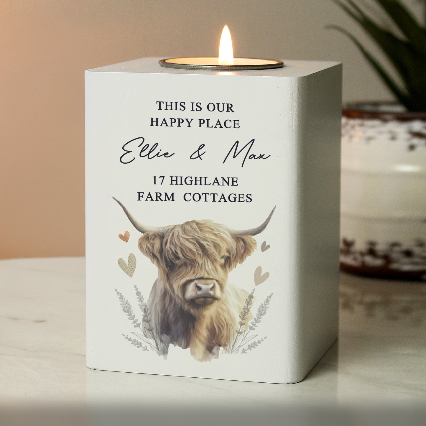 🇬🇧Personalised Highland Cow Wooden Tealight Holder