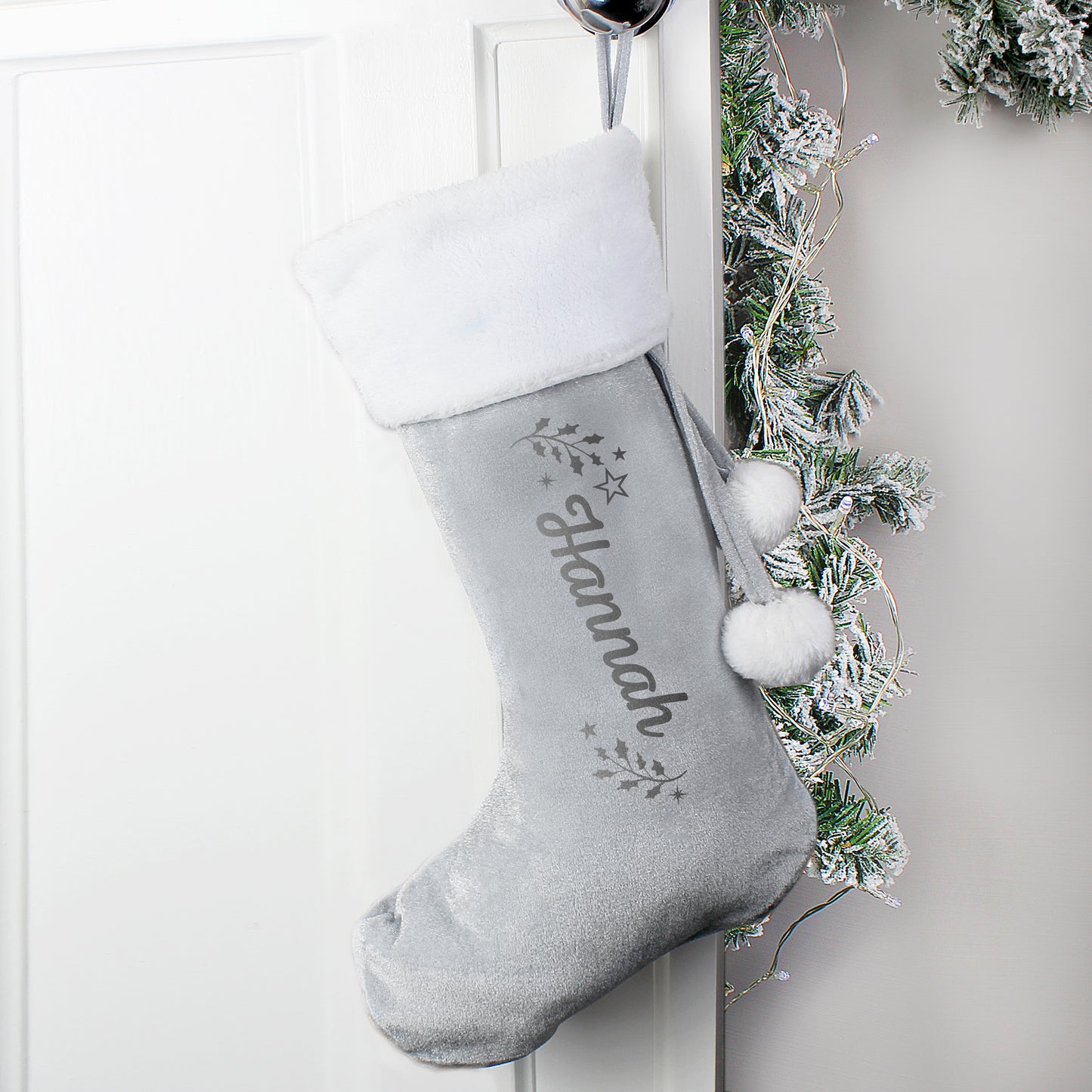 🇬🇧Personalised Holly Grey Christmas Stocking