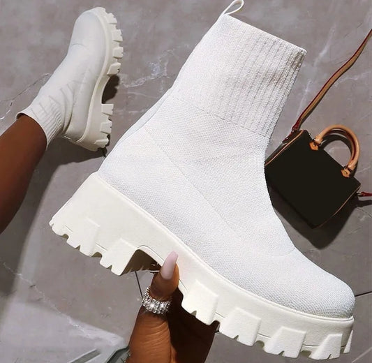 Midi Sock Ankle Boots - White