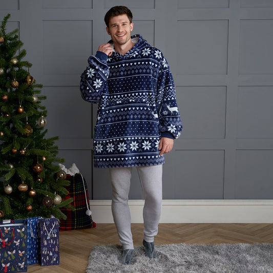 🇬🇧Christmas Nordic Print Sherpa Hoodie Blanket - Navy