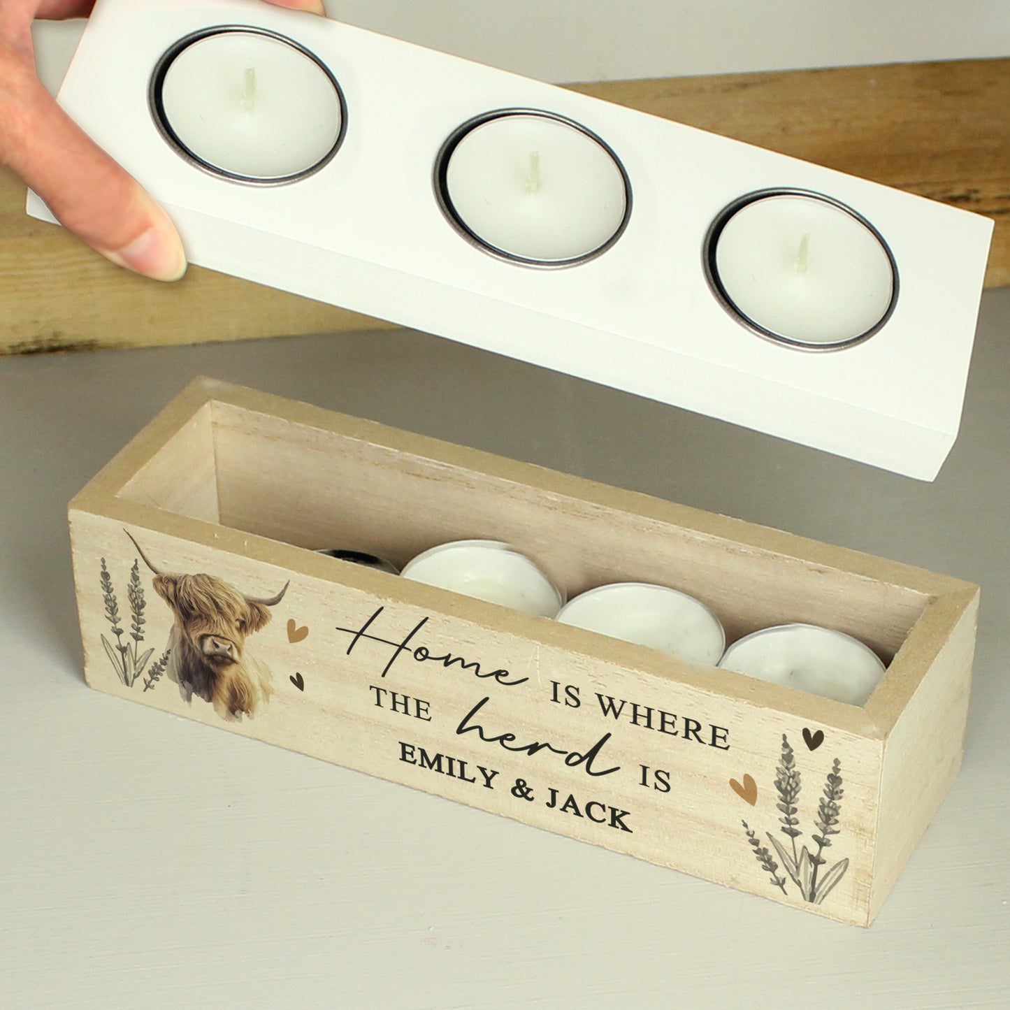 🇬🇧Personalised Highland Cow Triple Tea Light Box