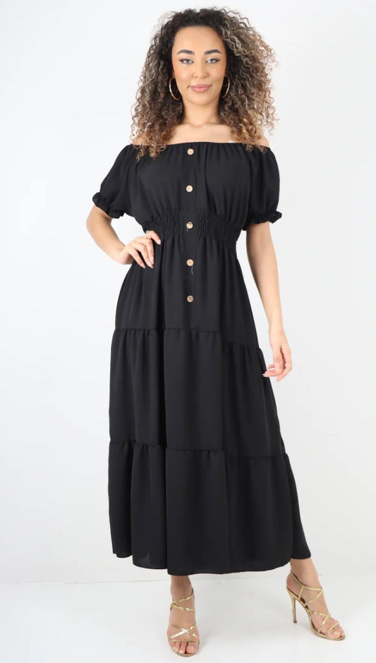 🇬🇧Twisted Shirred Waist Button Detailed Puffed Sleeve Maxi Dress - 10 Colours