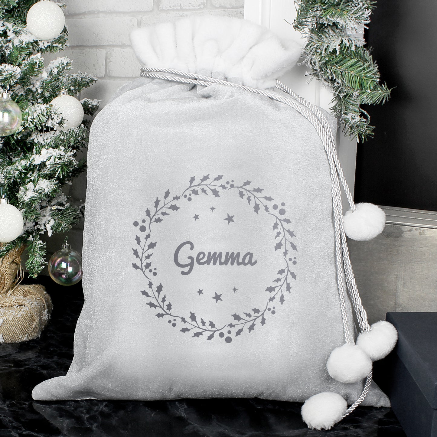 🇬🇧Personalised Holly Grey Christmas Sack