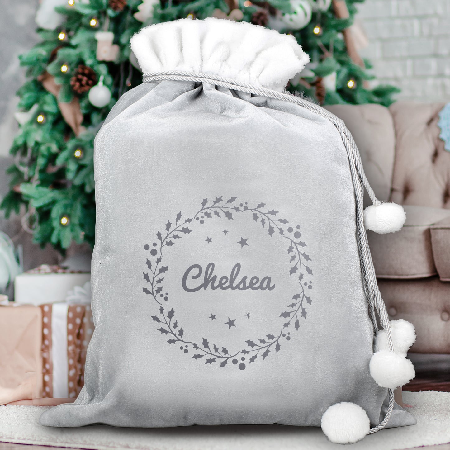 🇬🇧Personalised Holly Grey Christmas Sack