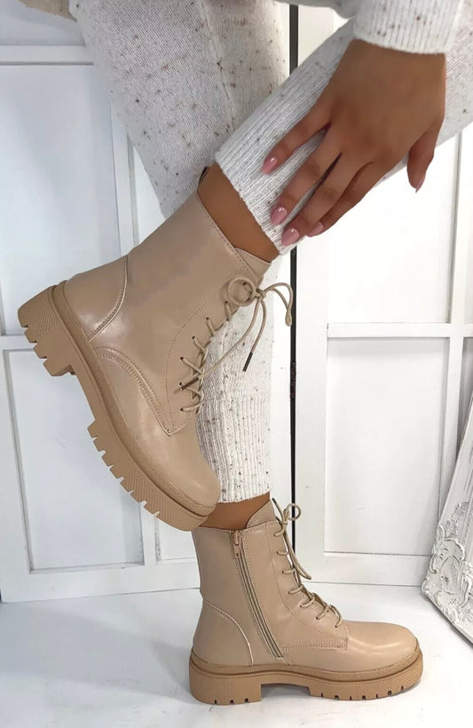 🇬🇧Zip Up Ankle Boots - Beige Biker