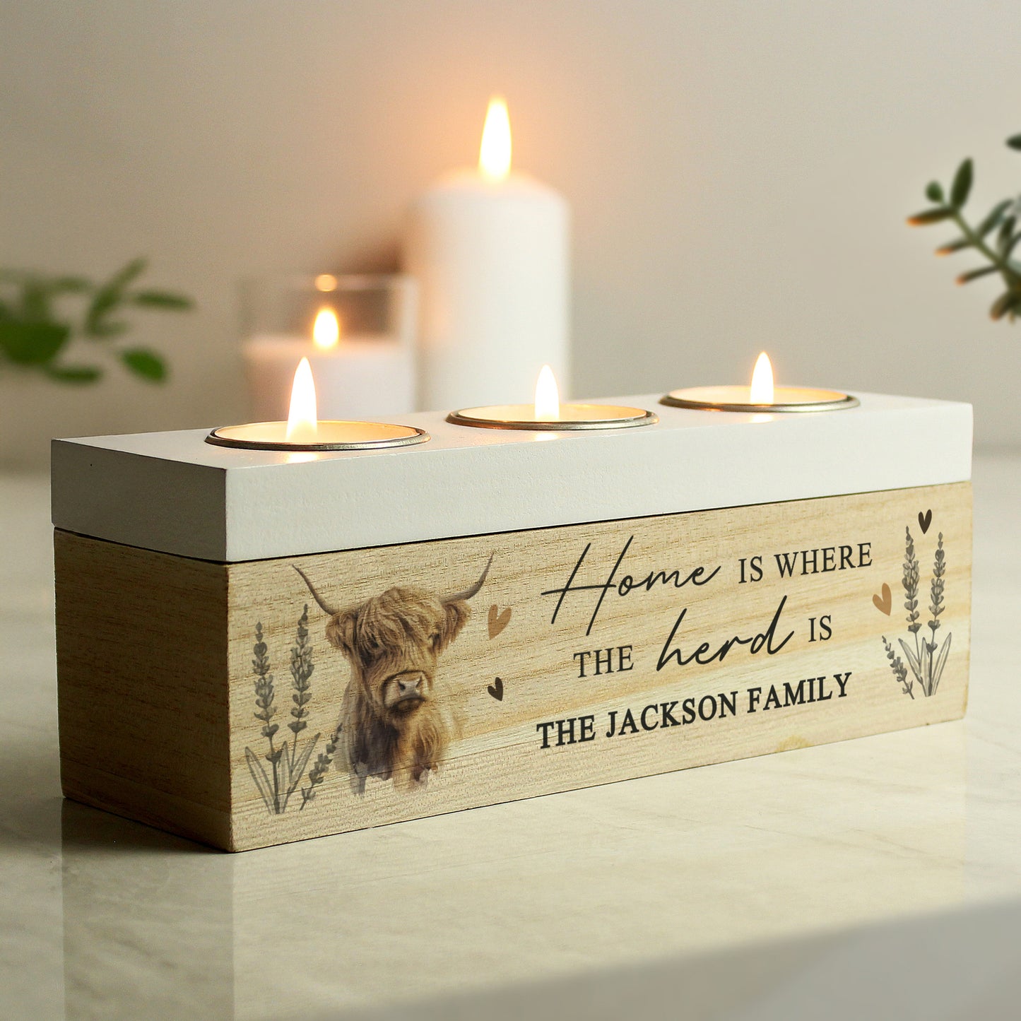 🇬🇧Personalised Highland Cow Triple Tea Light Box