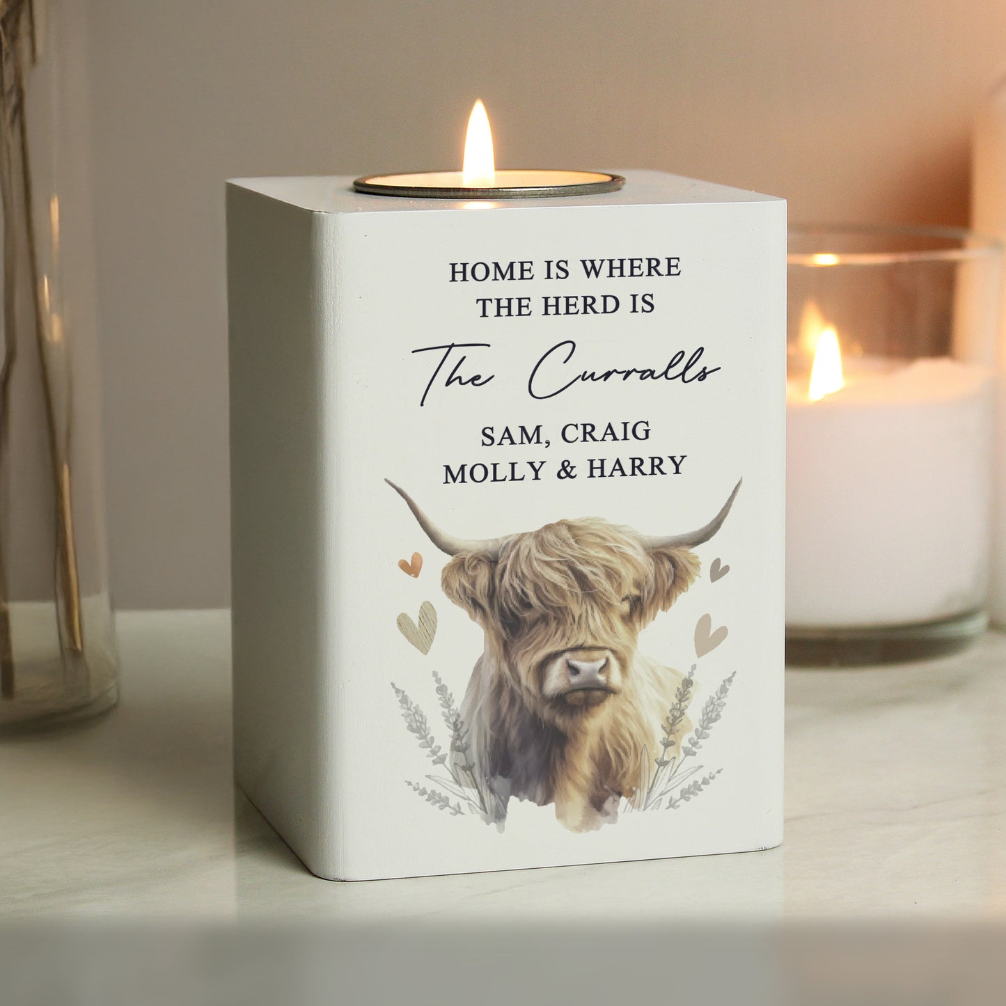 🇬🇧Personalised Highland Cow Wooden Tealight Holder