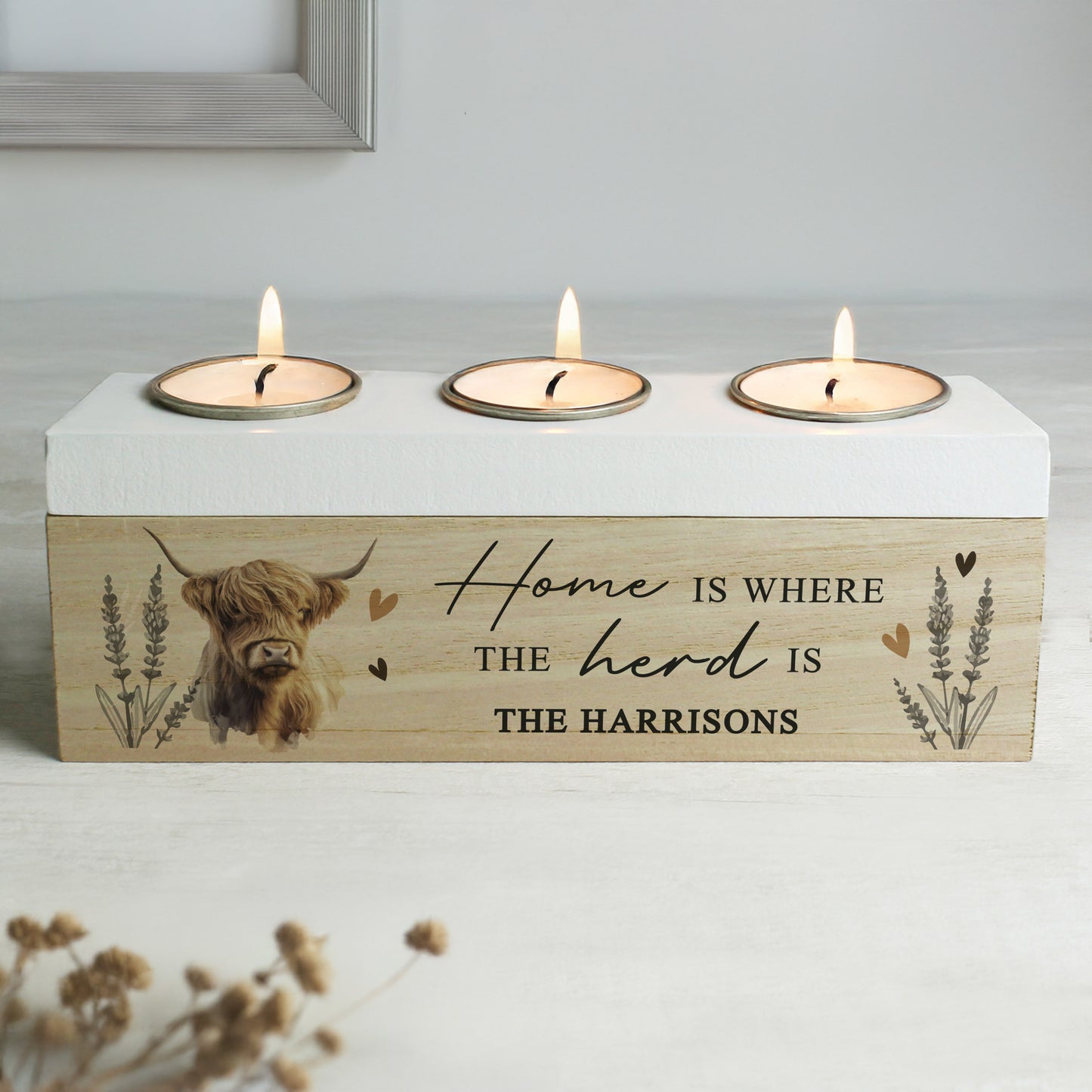 🇬🇧Personalised Highland Cow Triple Tea Light Box