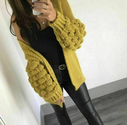 🇬🇧Bubble Sleeve Knitted Cardigan - Mustard